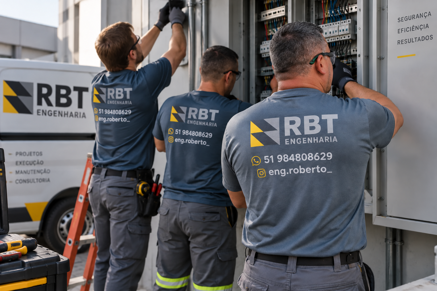 Equipe técnica da RBT Engenharia com uniforme da empresa realizando serviço em quadro elétrico