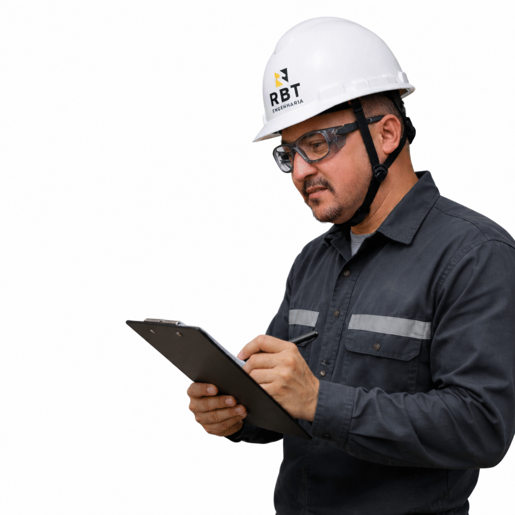 Engenheiro elétrico realizando inspeção com prancheta